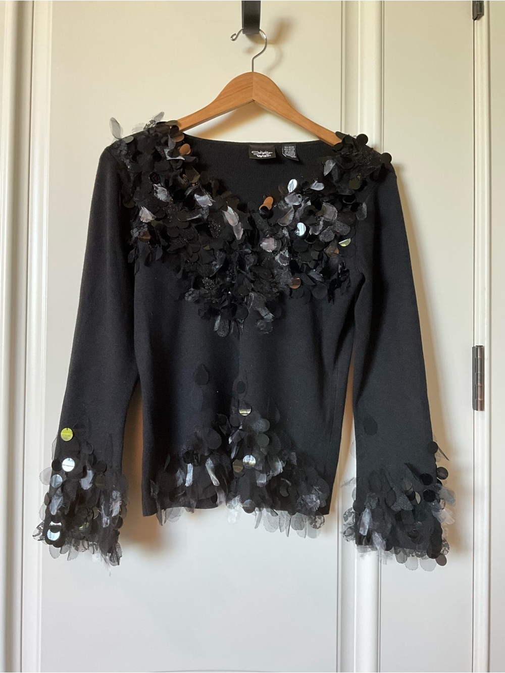 Black Sequin Petal-Trim V-Neck Sweater
